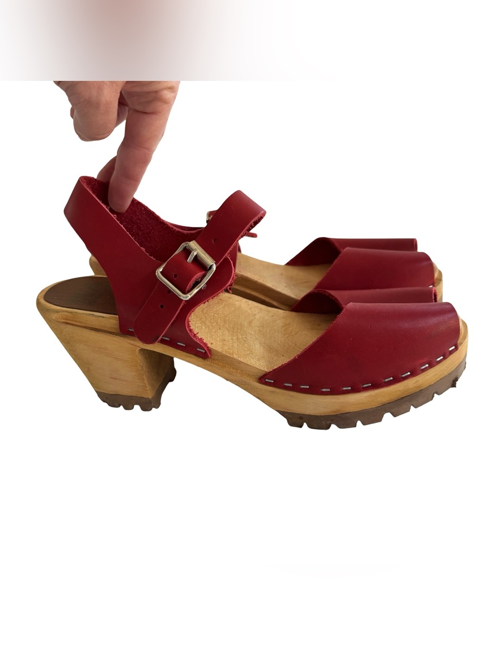 MIA Greta Red Leather Wood-Platform Clog Sandals Sz 39